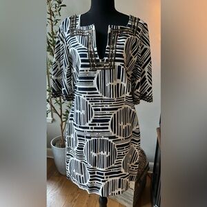 Trina Turk Navy White Cotton Lek Bamboo Forest Embellished Dress - size 10